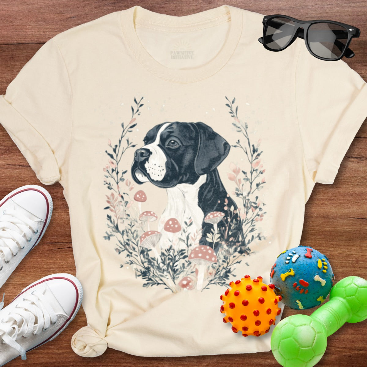 Artistic Boxer Dog Surrounded by Mushrooms T-shirt product type