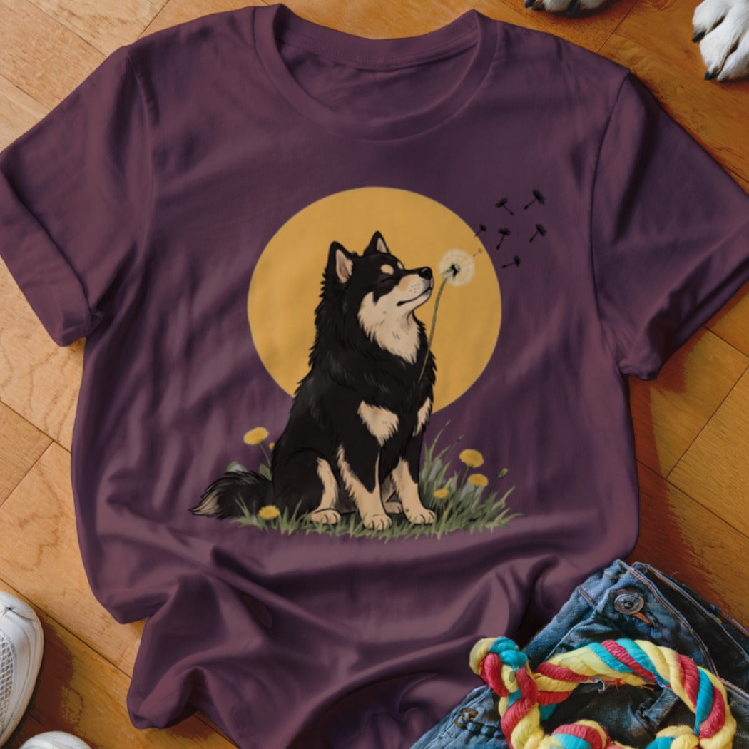 A dark purple t-shirt featuring an illustrated black and tan dog blowing a dandelion seed head against a large yellow moon.