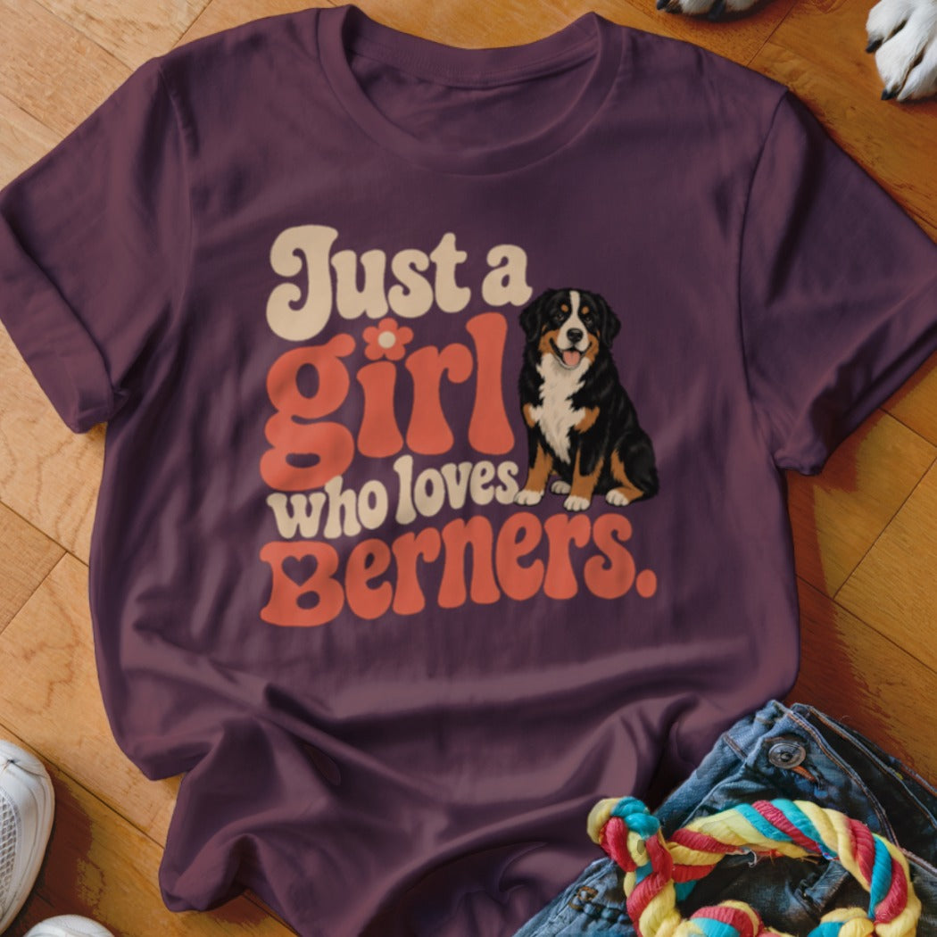 T-shirt graphic with a Bernese Mountain Dog and text "Just a girl who loves Berners."