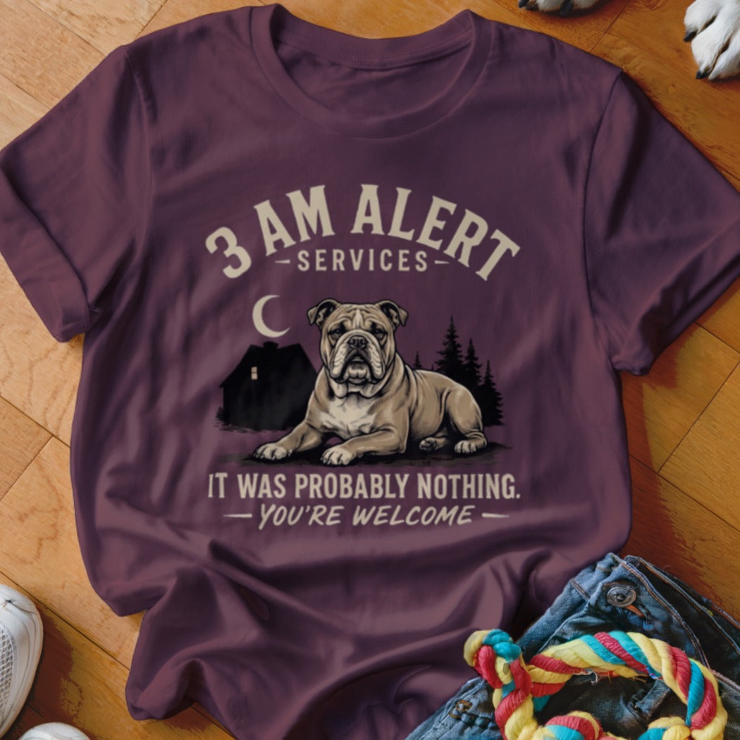 Bulldog with "3 AM ALERT SERVICES" text, sitting by a house at night.