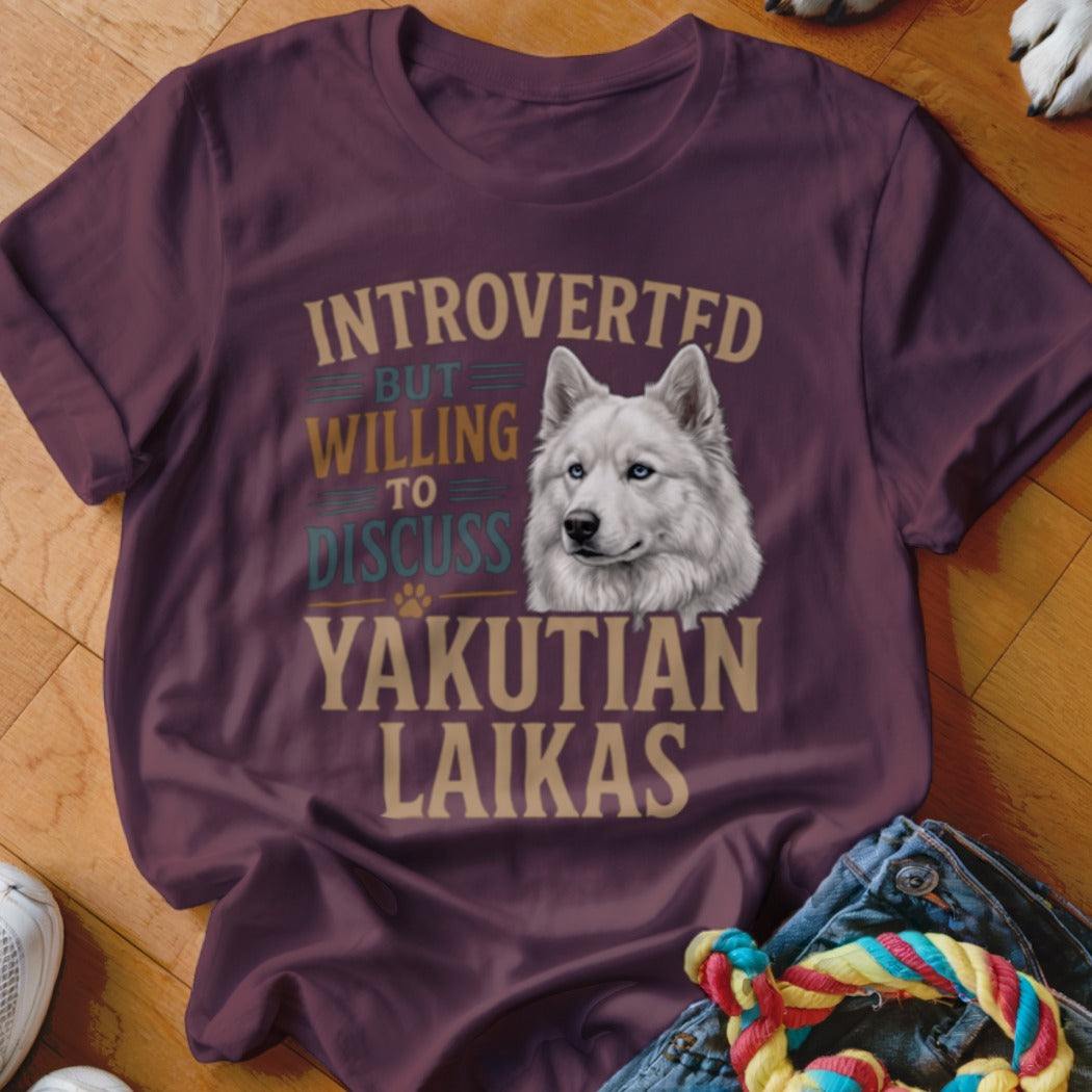 T-shirt with white husky and text "Introverted but willing to discuss Yakutian Laikas".