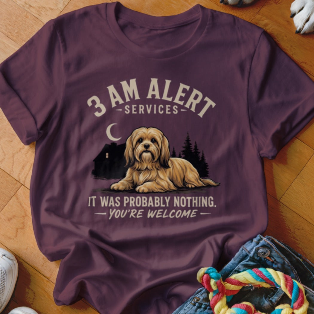 T-shirt graphic with text "3 AM Alert Services" and a dog with "It Was Probably Nothing. - You're Welcome"