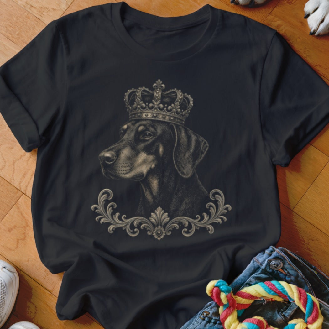 Black t-shirt with a crowned dog's portrait and ornate scrollwork design.