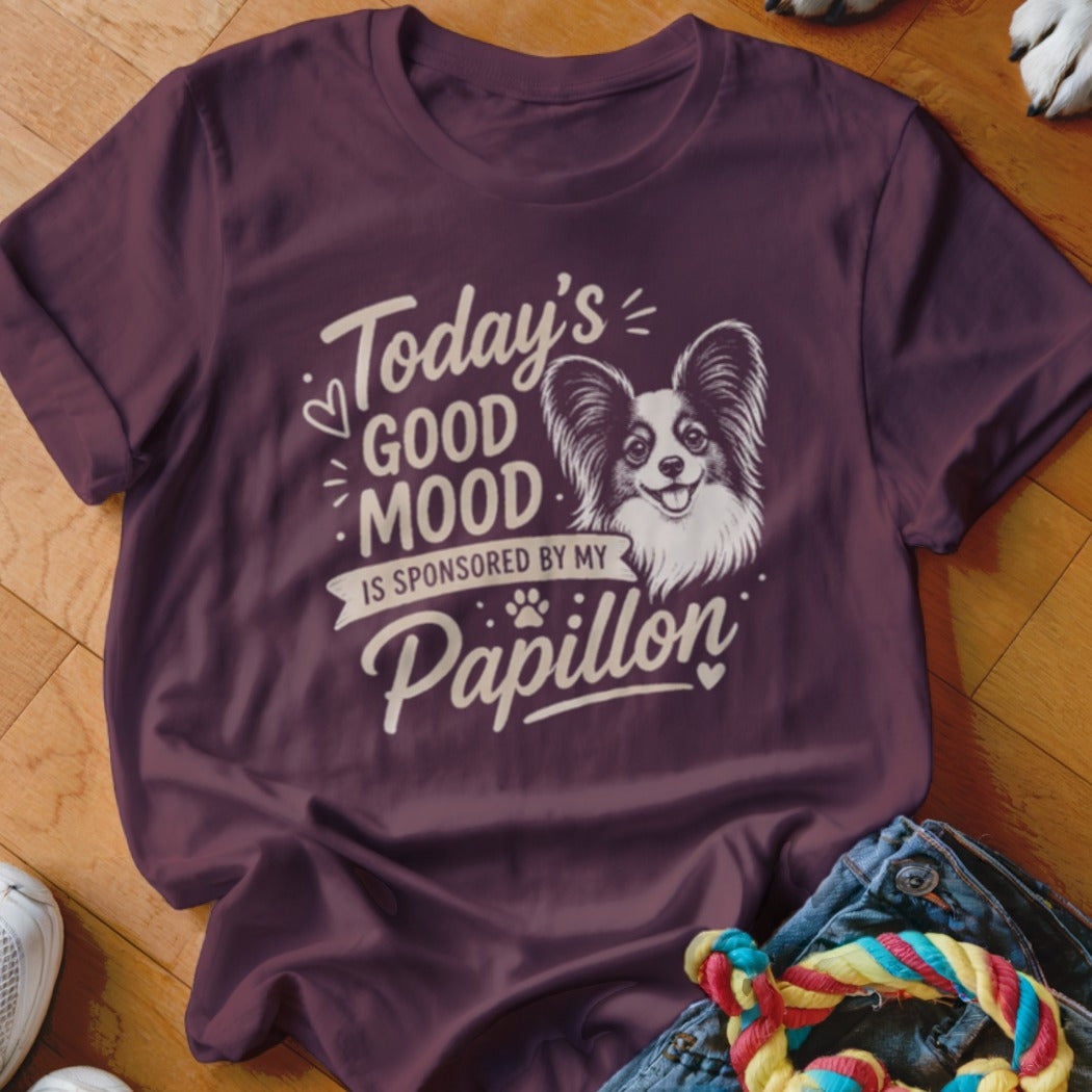 Maroon t-shirt with "Today's Good Mood is Sponsored by My Papillon" and dog graphic.