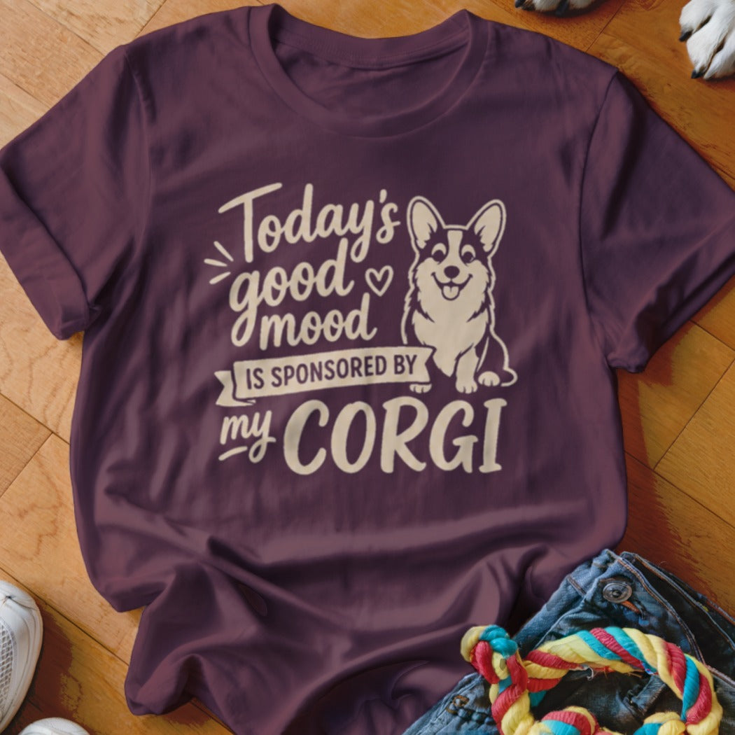 Burgundy t-shirt with "Today's good mood is sponsored by my CORGI" and corgi graphic.