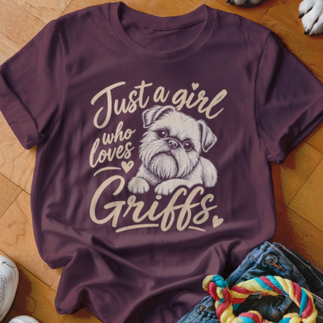 Maroon t-shirt with "Just a girl who loves Griffs" text and a drawing of a dog.