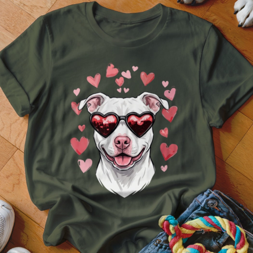 Dark green t-shirt featuring a graphic of a smiling white pit bull wearing heart-shaped sunglasses surrounded by pink hearts.