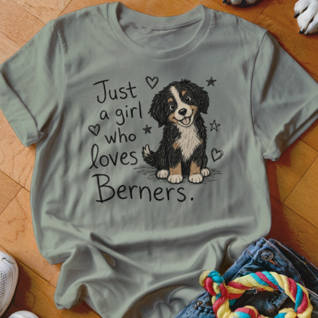 Light grey t-shirt with cartoon Bernese Mountain Dog and text "Just a girl who loves Berners."