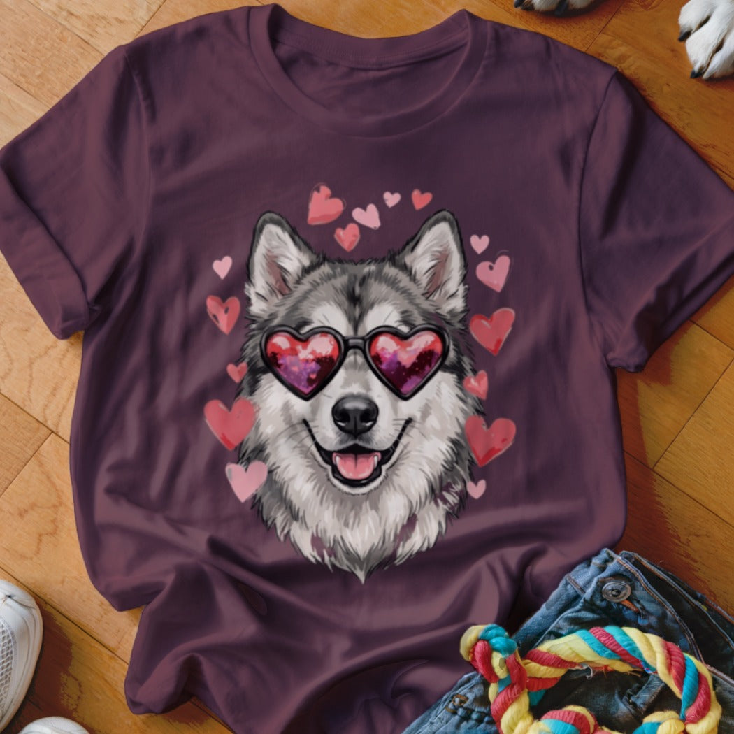 Maroon t-shirt featuring a graphic of a husky wearing heart-shaped sunglasses surrounded by pink hearts.
