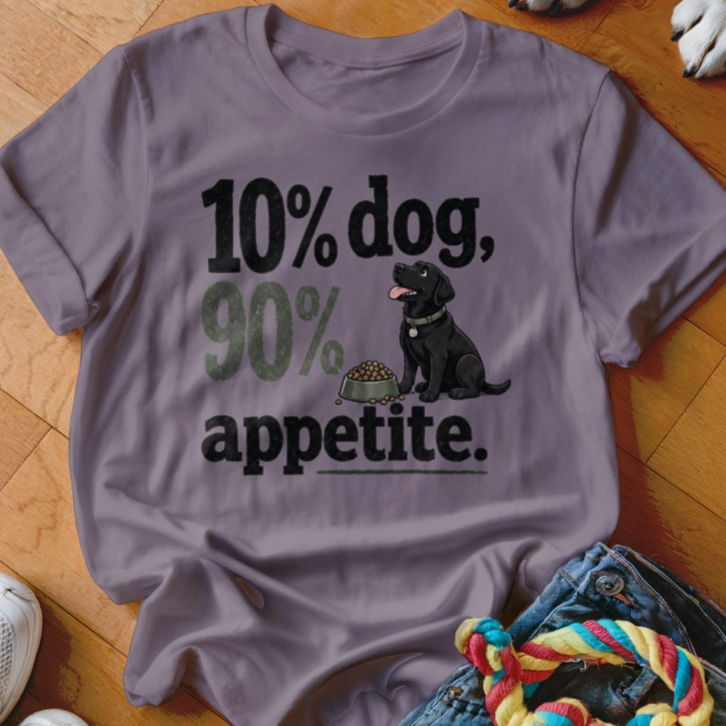 T-shirt with text "10% dog, 90% appetite" and a black dog illustration.