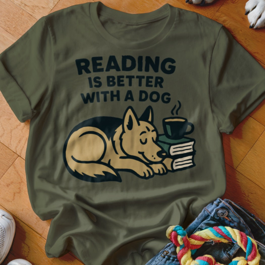 Green t-shirt with "Reading is Better With a Dog" graphic and sleeping dog.
