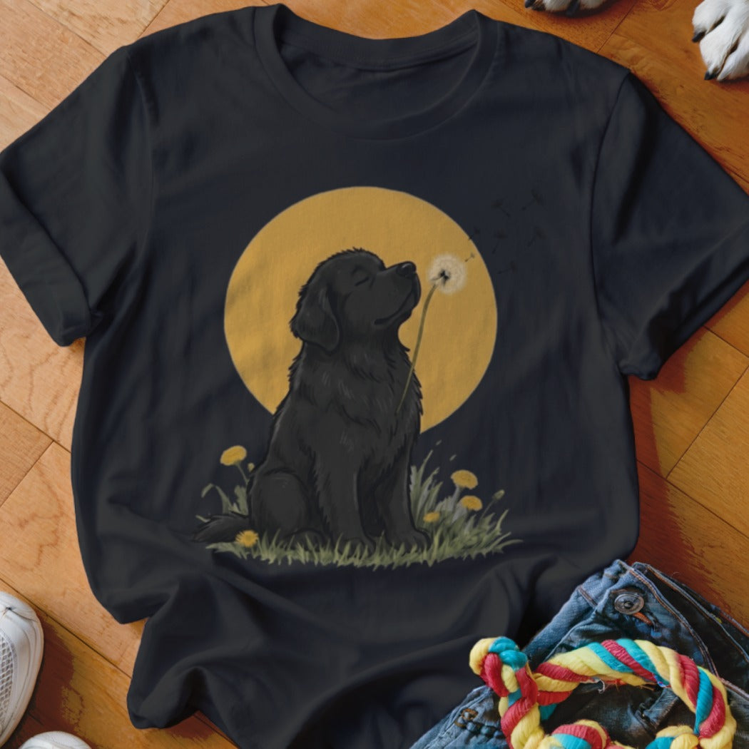 A black t-shirt featuring an illustration of a black dog blowing a dandelion.