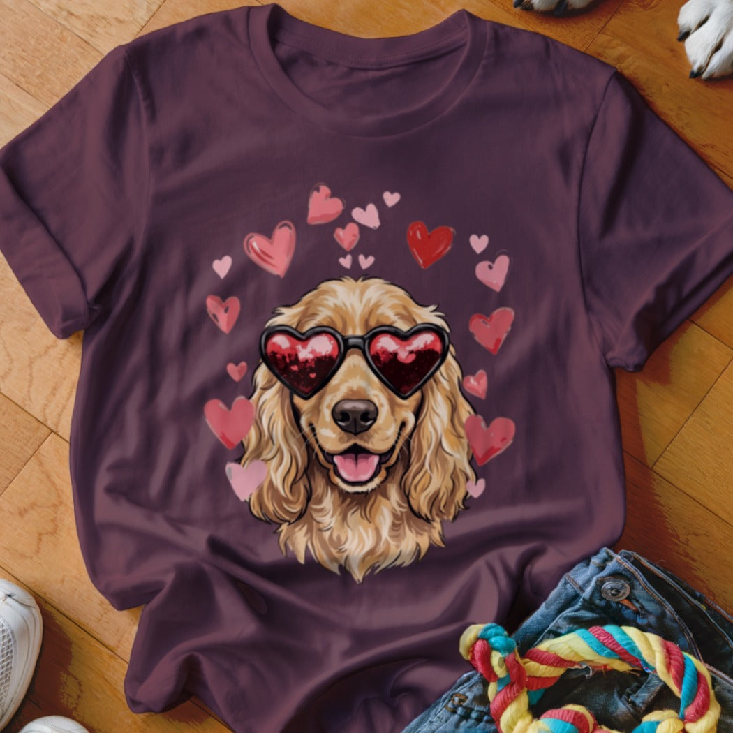 Dark purple t-shirt featuring a graphic of a golden spaniel wearing heart-shaped sunglasses surrounded by pink hearts.