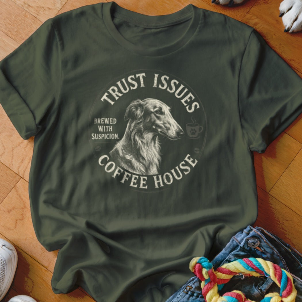 Olive green t-shirt with "Trust Issues Coffee House" circular logo featuring a dog.