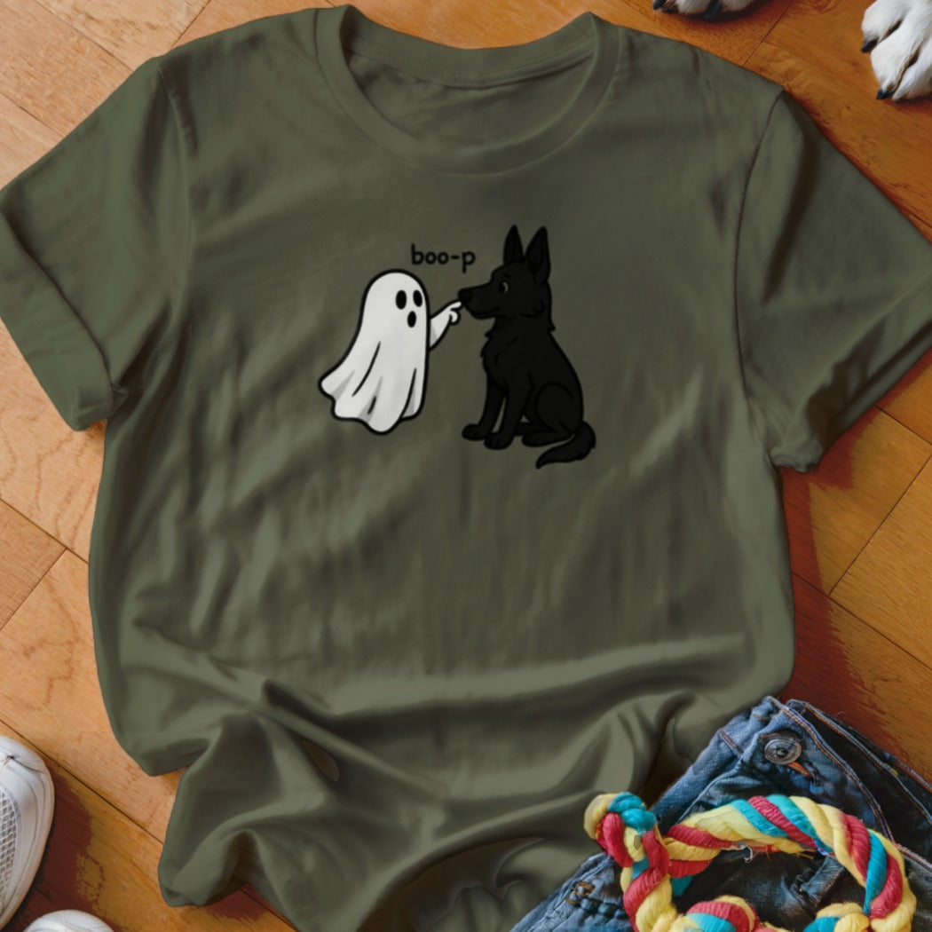 Ghost poking black dog's nose with "boo-p" text.