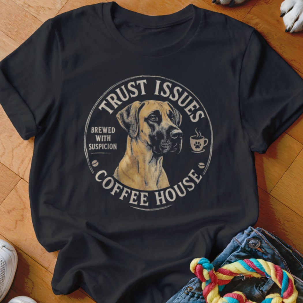 Black t-shirt with Great Dane graphic and "Trust Issues Coffee House" text.