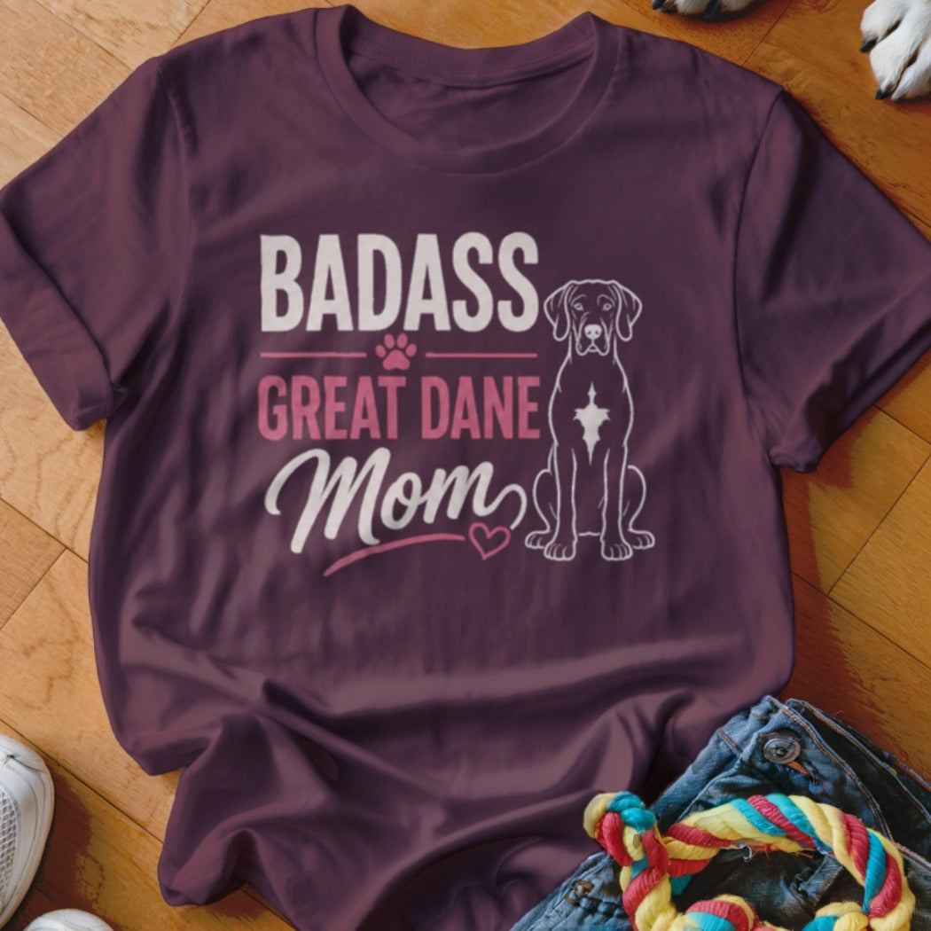Maroon t-shirt with "Badass Great Dane Mom" text and a Great Dane outline.