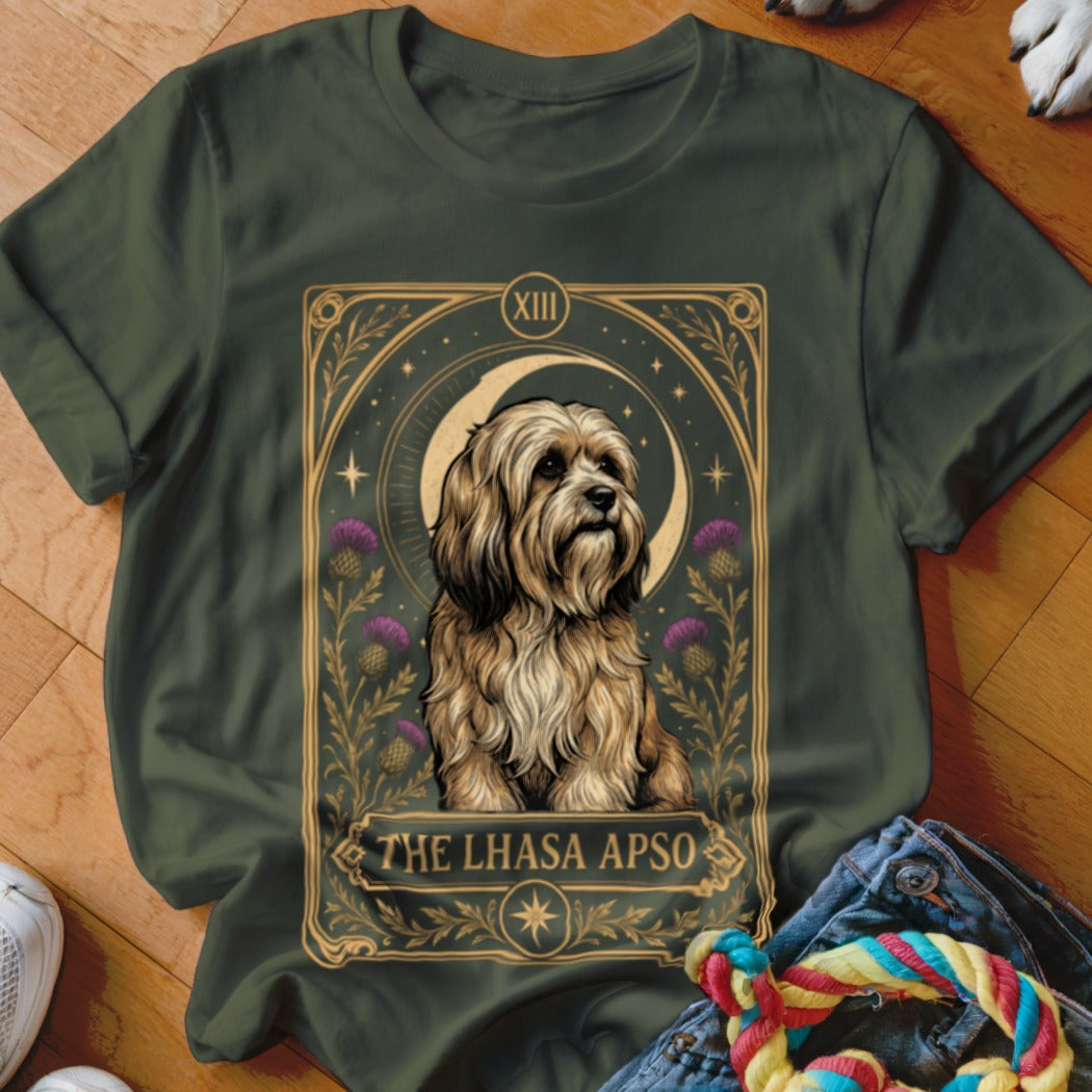 Dark green t-shirt featuring a tarot-style graphic of a Lhasa Apso dog with flowers and the text The Lhasa Apso.
