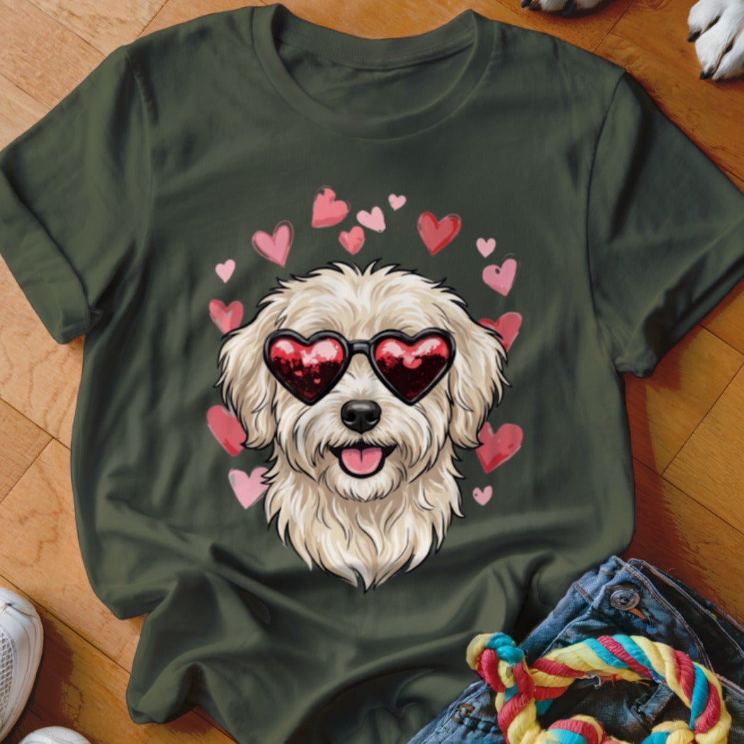 Dark green t-shirt featuring a graphic of a fluffy white dog wearing heart-shaped sunglasses surrounded by pink hearts.