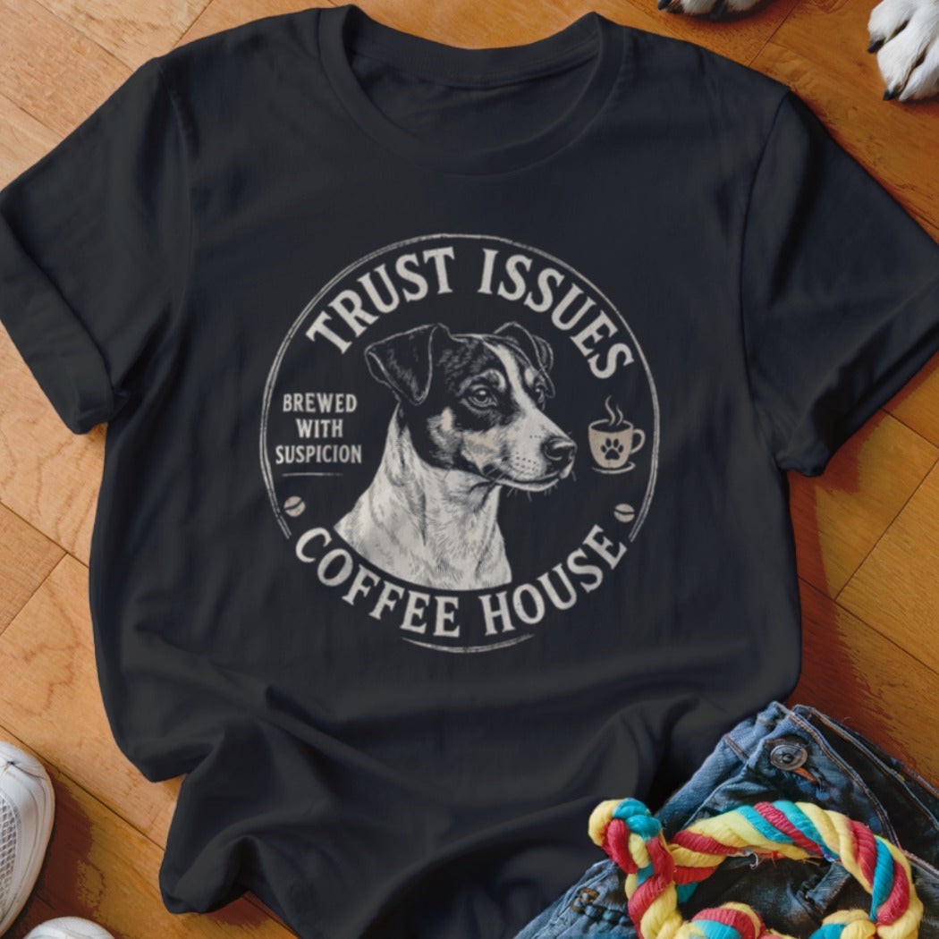 Black t-shirt with a distressed circular logo featuring a dog and "Trust Issues Coffee House".