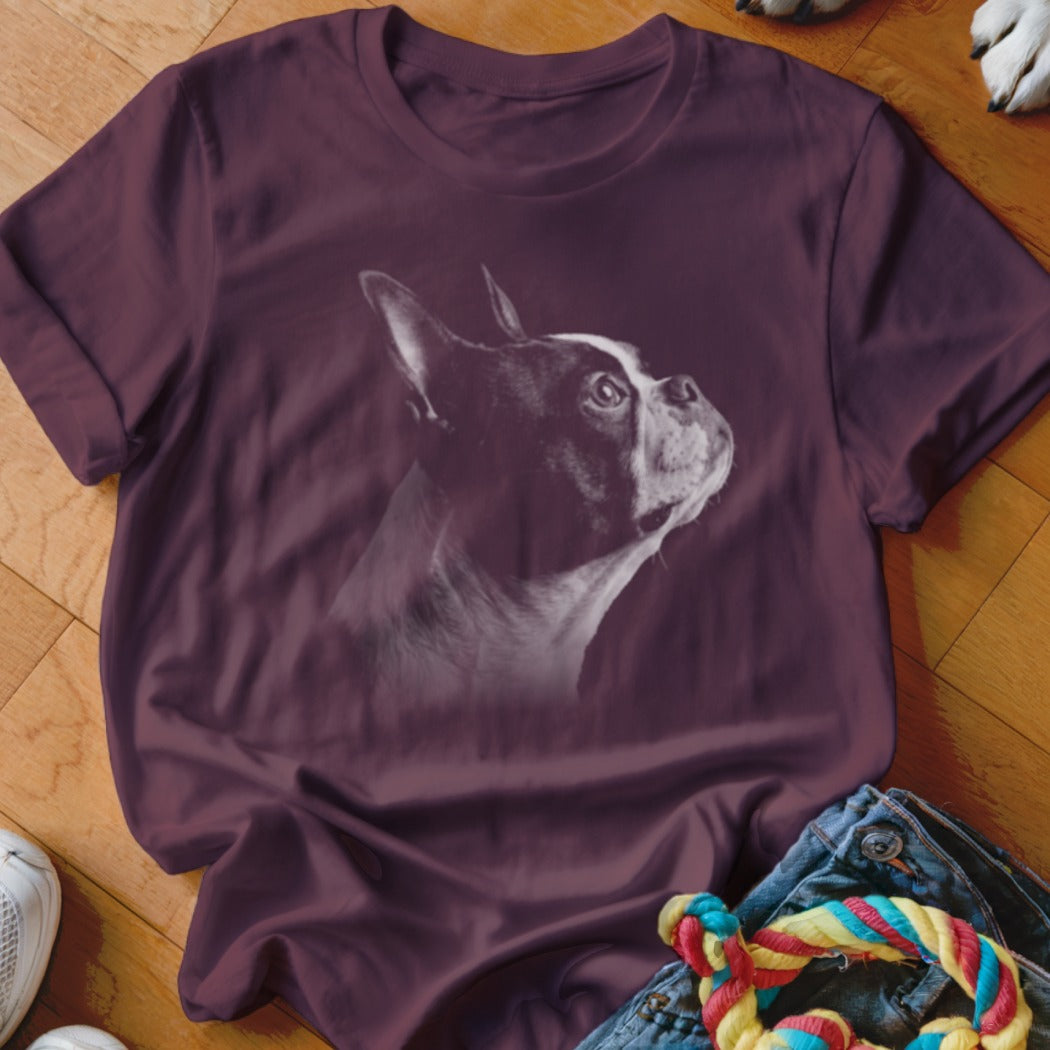 Maroon t-shirt with a black and white Boston Terrier portrait on a dark background.