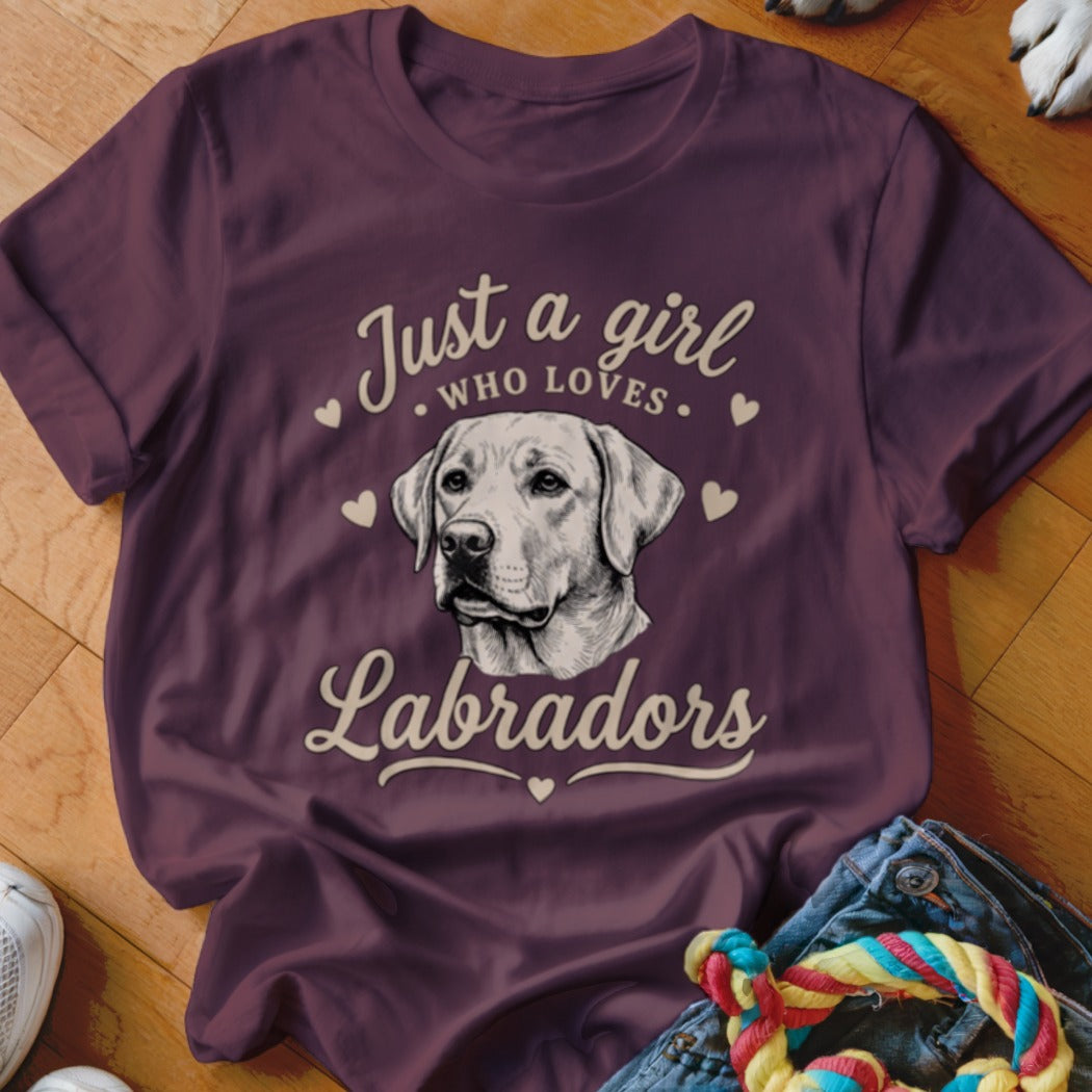 Maroon t-shirt featuring a Labrador graphic and the text Just a girl who loves Labradors.
