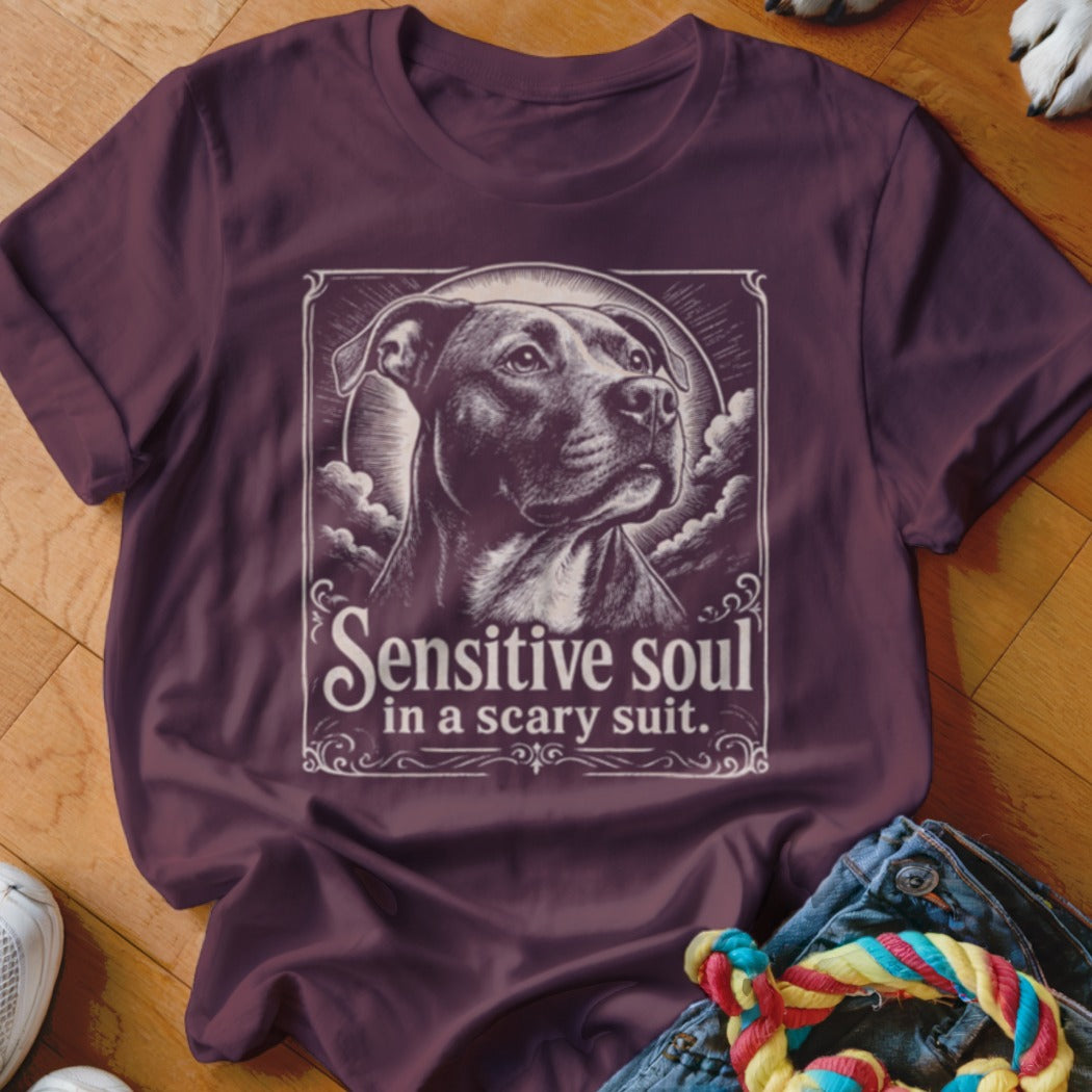 Maroon t-shirt with a pit bull portrait and the text "Sensitive soul in a scary suit."