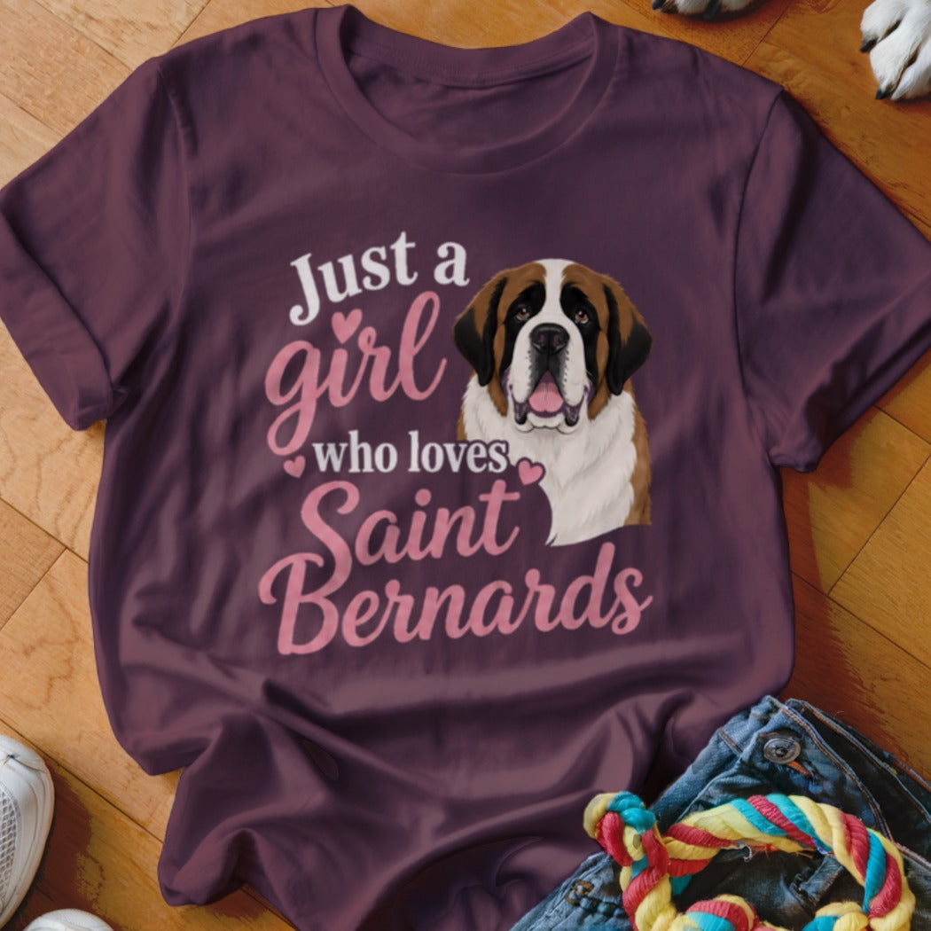 Maroon t-shirt with "Just a girl who loves Saint Bernards" text and dog illustration.
