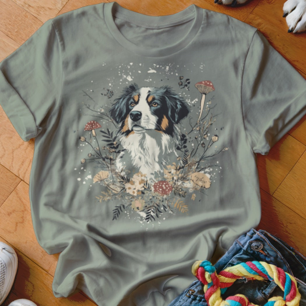 T-shirt with watercolor painting of Bernese Mountain Dog surrounded by mushrooms and wildflowers.