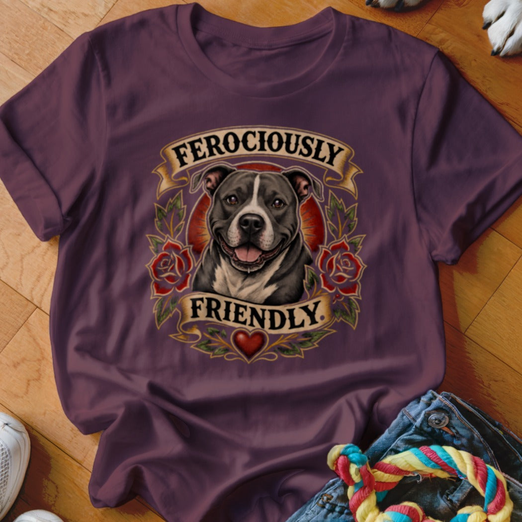 T-shirt with a stylized pit bull portrait surrounded by roses and text.