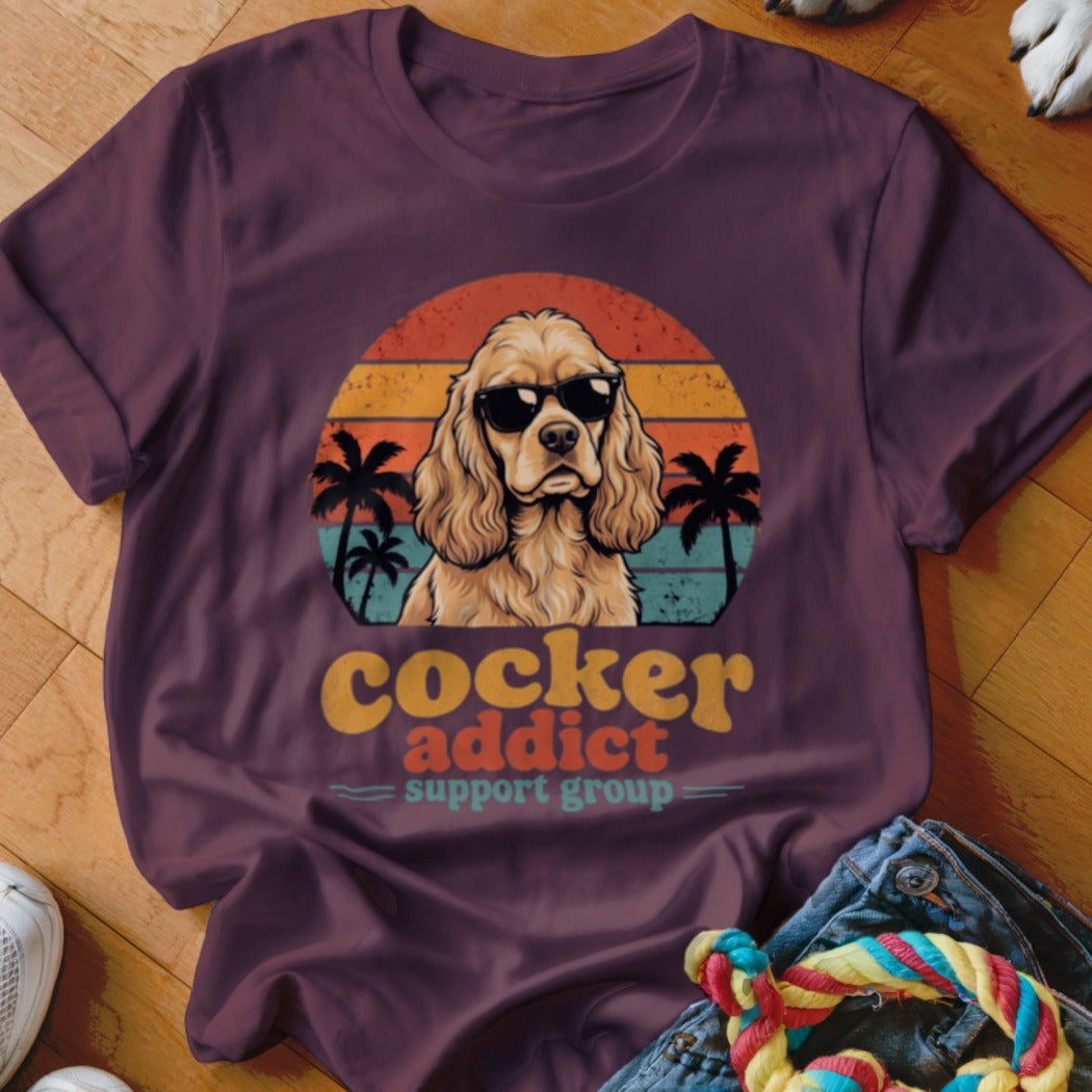 Maroon t-shirt featuring a retro graphic of a Cocker Spaniel in sunglasses before a sunset.