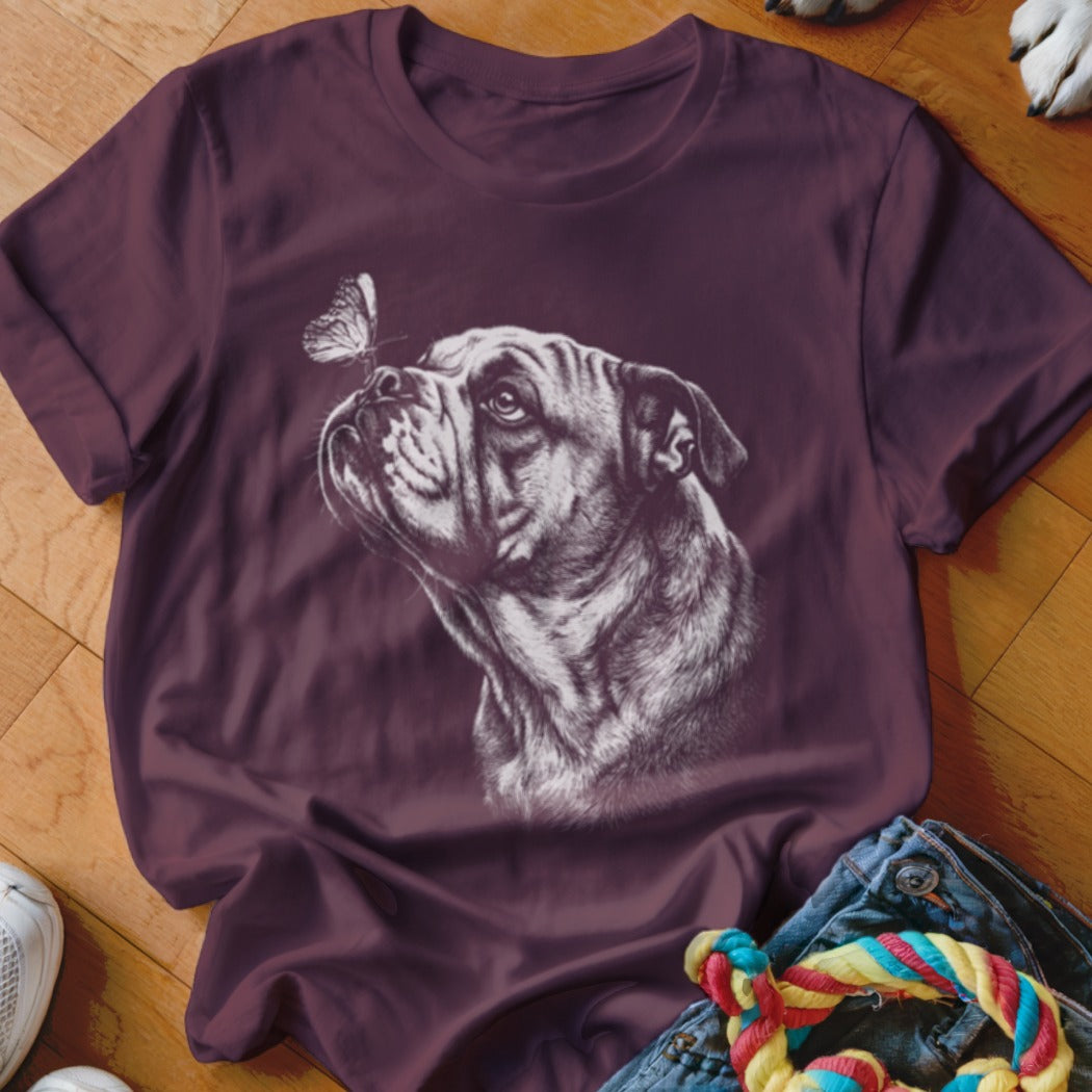 Maroon short-sleeved t-shirt featuring a white graphic print of a bulldog looking at a butterfly on its nose.
