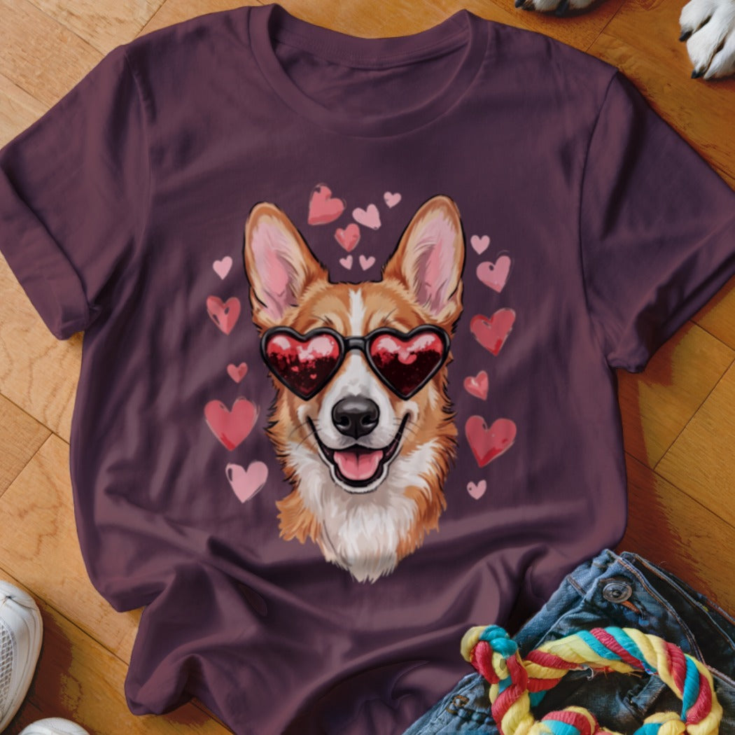 A dark purple t-shirt featuring a graphic of a corgi wearing heart-shaped sunglasses surrounded by pink hearts.