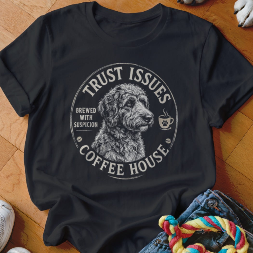 Black t-shirt with "Trust Issues Coffee House" and dog graphic.