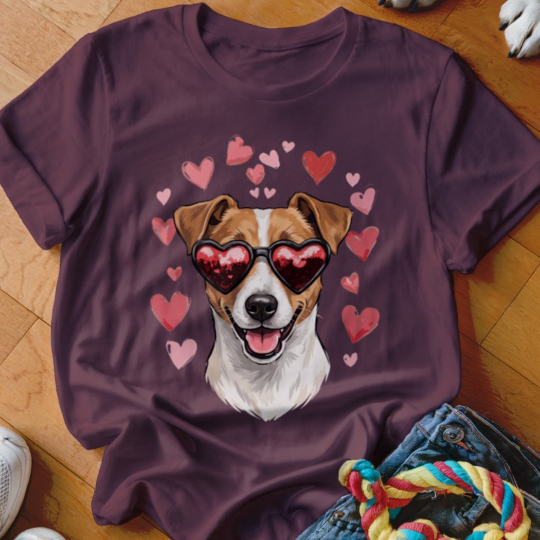 Maroon t-shirt featuring a Jack Russell terrier wearing heart-shaped sunglasses surrounded by floating pink hearts.