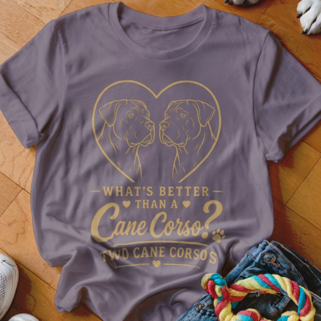 Purple t-shirt with two Cane Corsos outlined in a heart and text.