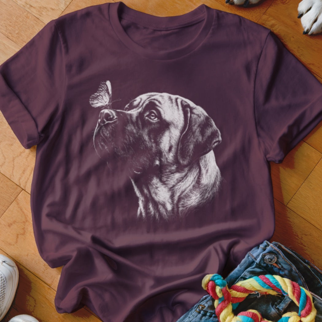 Maroon t-shirt featuring a white line drawing of a mastiff dog with a butterfly on its nose.