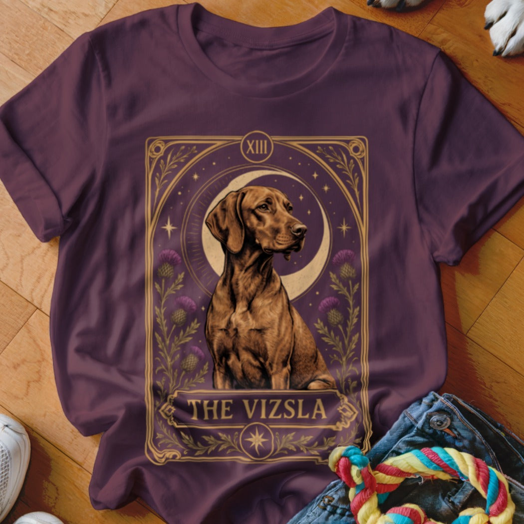 Maroon t-shirt featuring a tarot card graphic of a Vizsla dog with crescent moon and thistles.