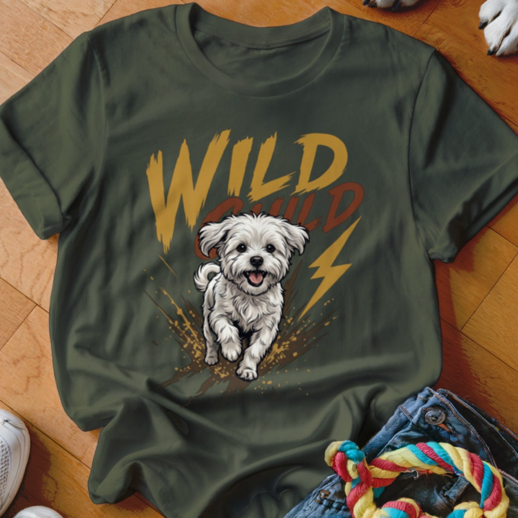 Dark green t-shirt with a graphic of a running white puppy and the text WILD CHILD.