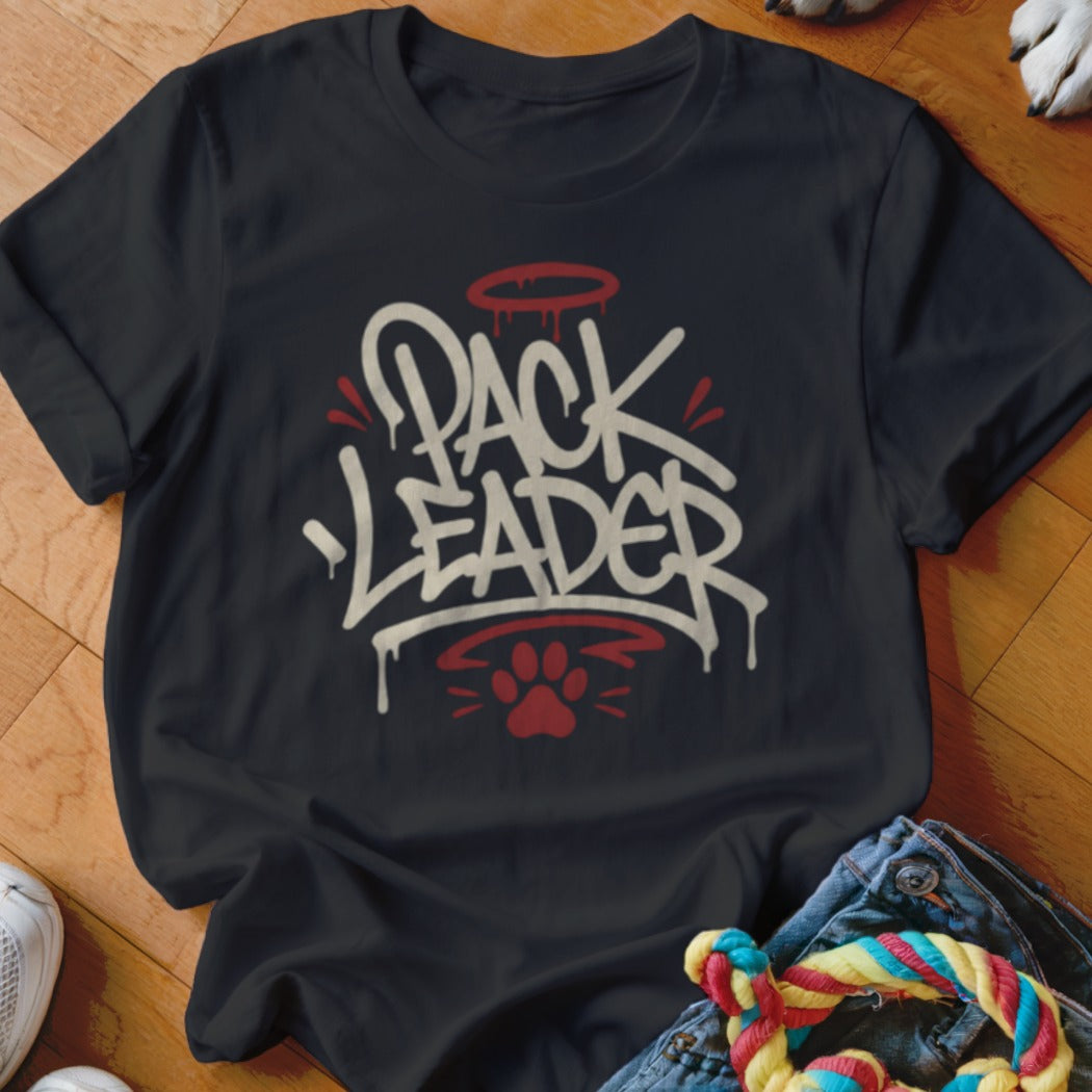 Black t-shirt with "PACK LEADER" graffiti text and a red paw print graphic.