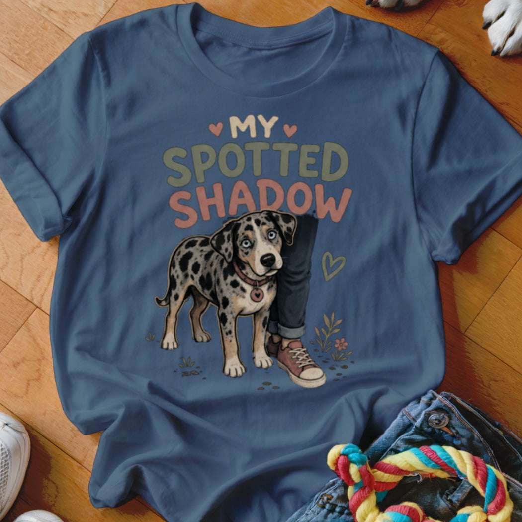 Blue t-shirt graphic with a Dalmatian puppy and the text "MY SPOTTED SHADOW".