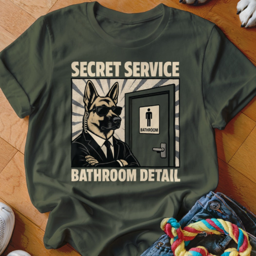 German Shepherd in suit and sunglasses, "Secret Service Bathroom Detail" text.