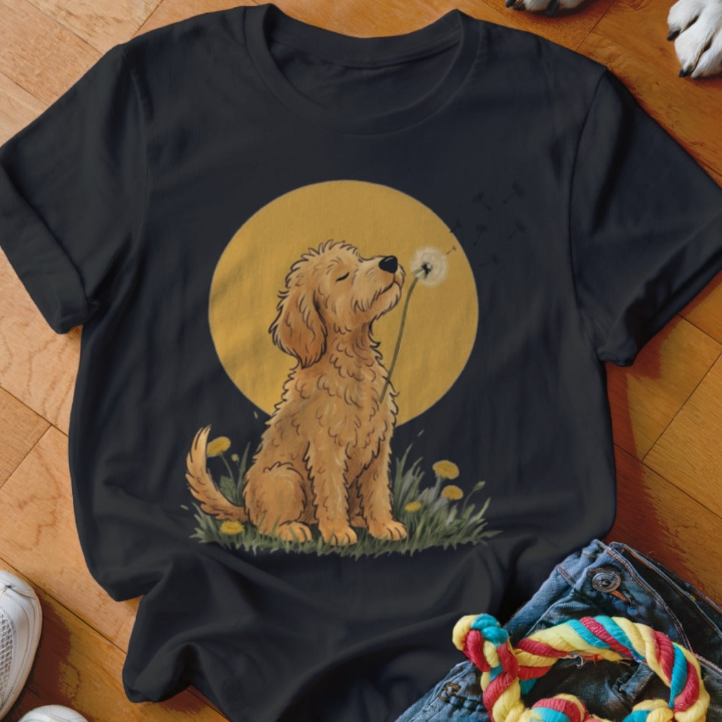 Black t-shirt featuring an illustrated graphic of a golden puppy blowing a dandelion against a yellow sun.