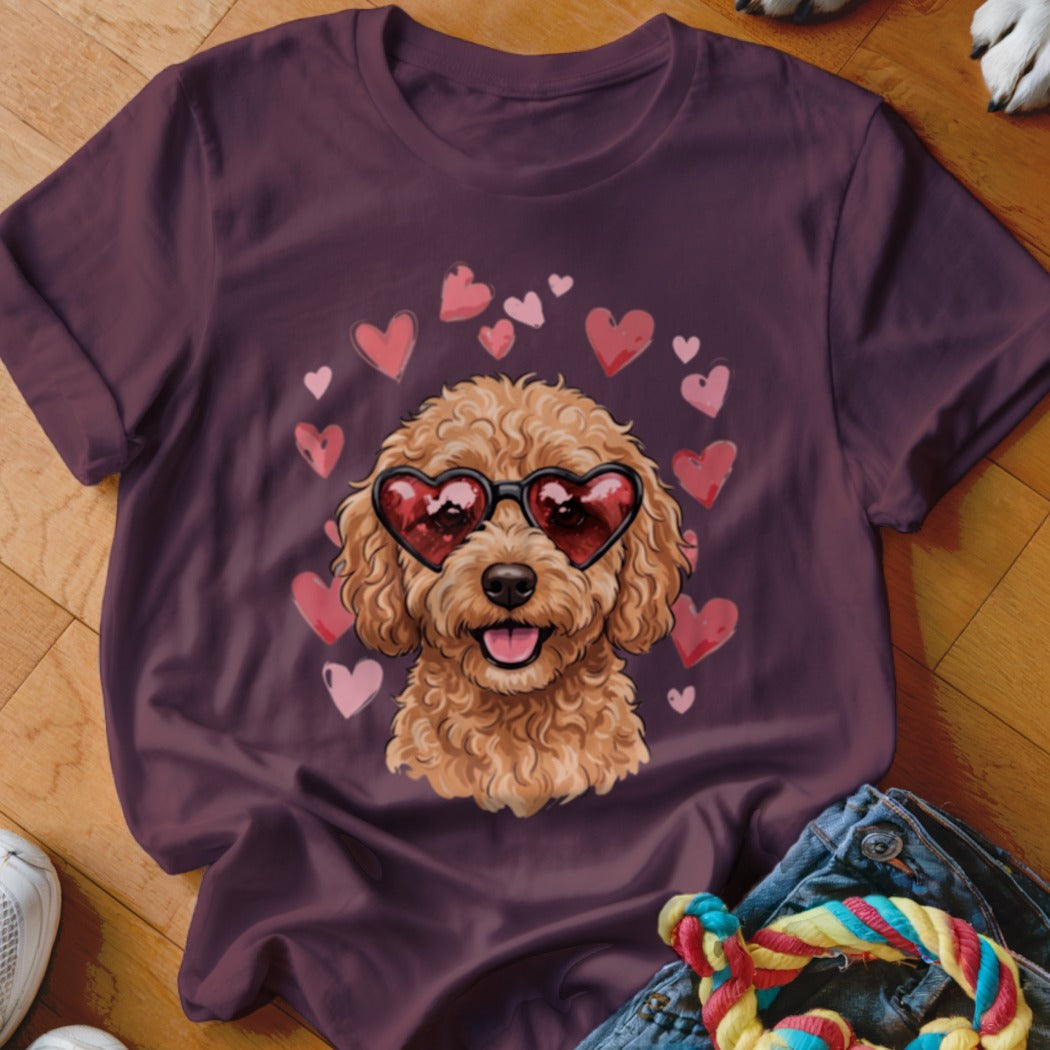 A dark purple t-shirt features a graphic of a fluffy brown poodle wearing heart-shaped sunglasses, surrounded by pink hearts.