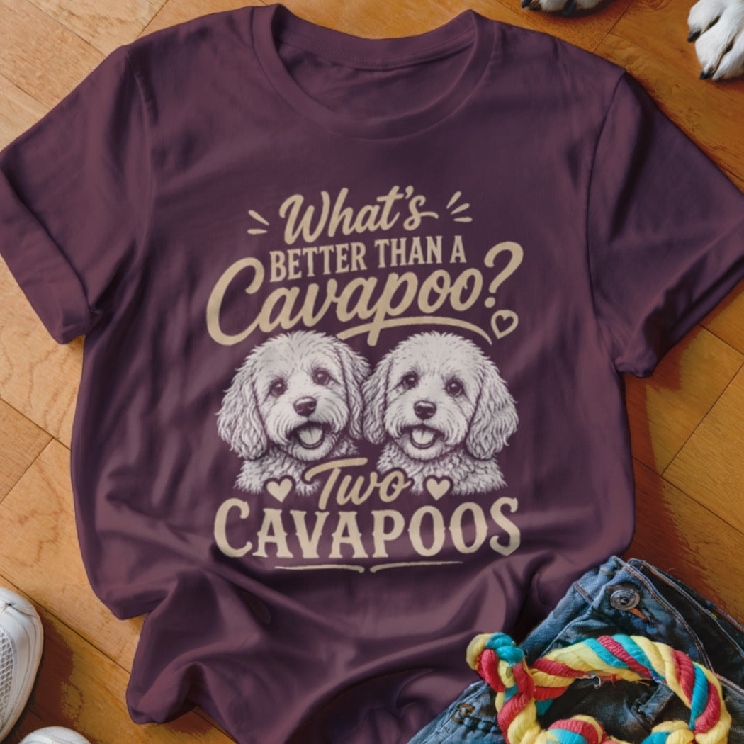 Maroon t-shirt with two Cavapoos and text "What's better than a Cavapoo? Two Cavapoos."