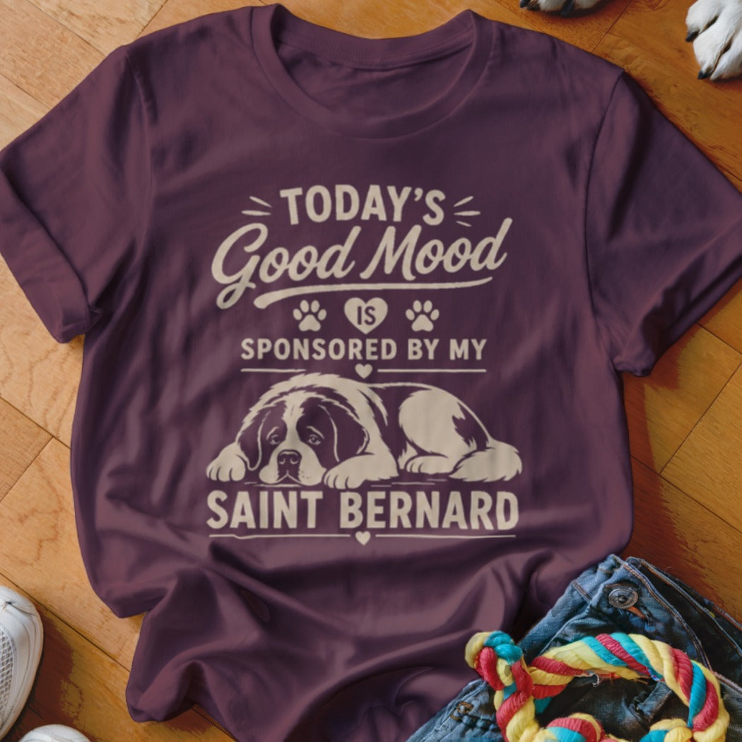 Maroon t-shirt with "Today's Good Mood is Sponsored by My Saint Bernard" and dog graphic.