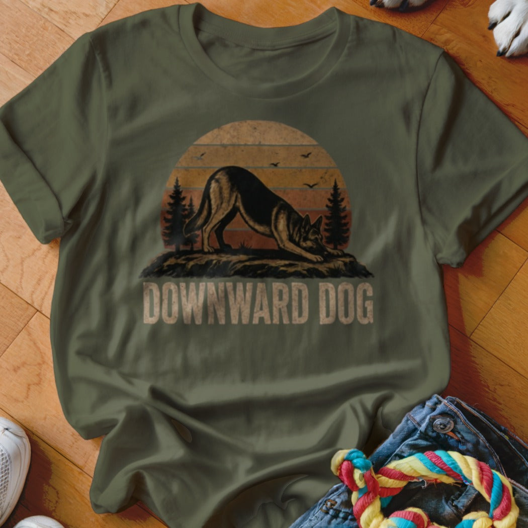 Olive green t-shirt with "Downward Dog" text and a sunset German Shepherd graphic.