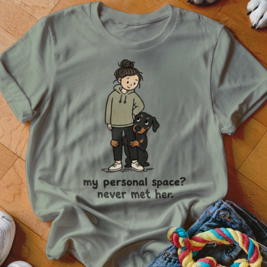 T-shirt with a cartoon of a girl and a dog with text "my personal space? never met her."