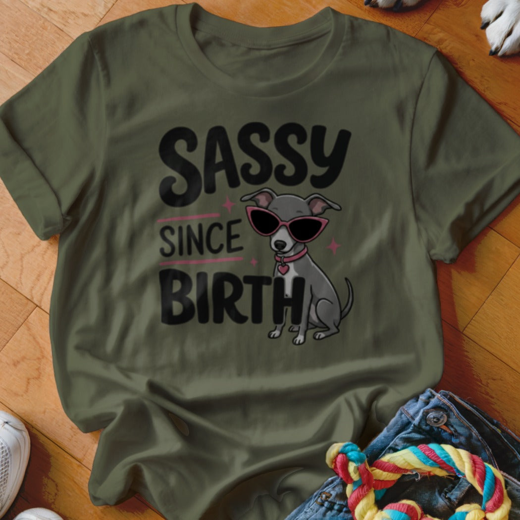 Green t-shirt with "Sassy Since Birth" text and a dog wearing sunglasses.