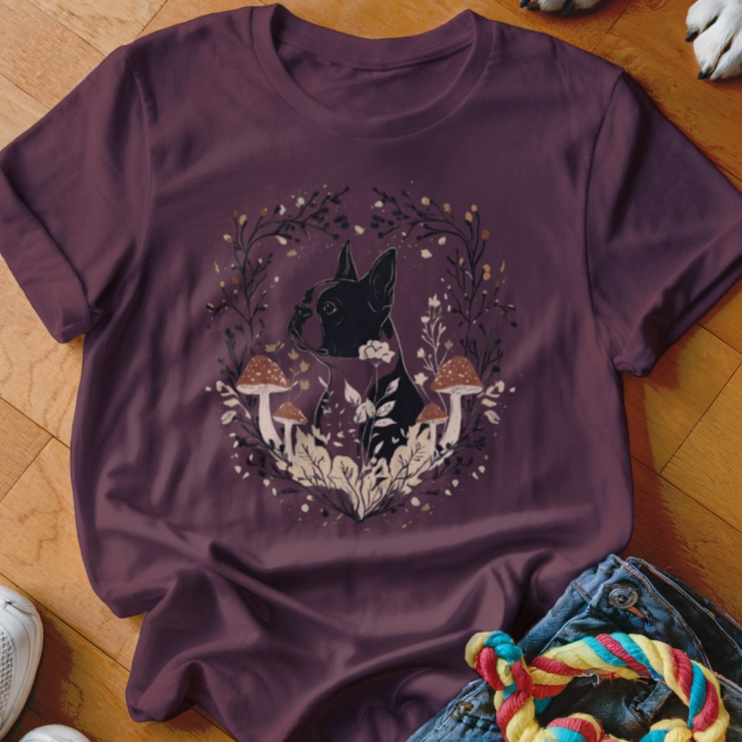 Maroon crewneck t-shirt featuring a graphic of a Boston Terrier surrounded by mushrooms and leaves.